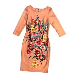 Beige by Eci Peach Spring Floral Midi Straight Pencil Dress 3/4 Sleeve Size 8